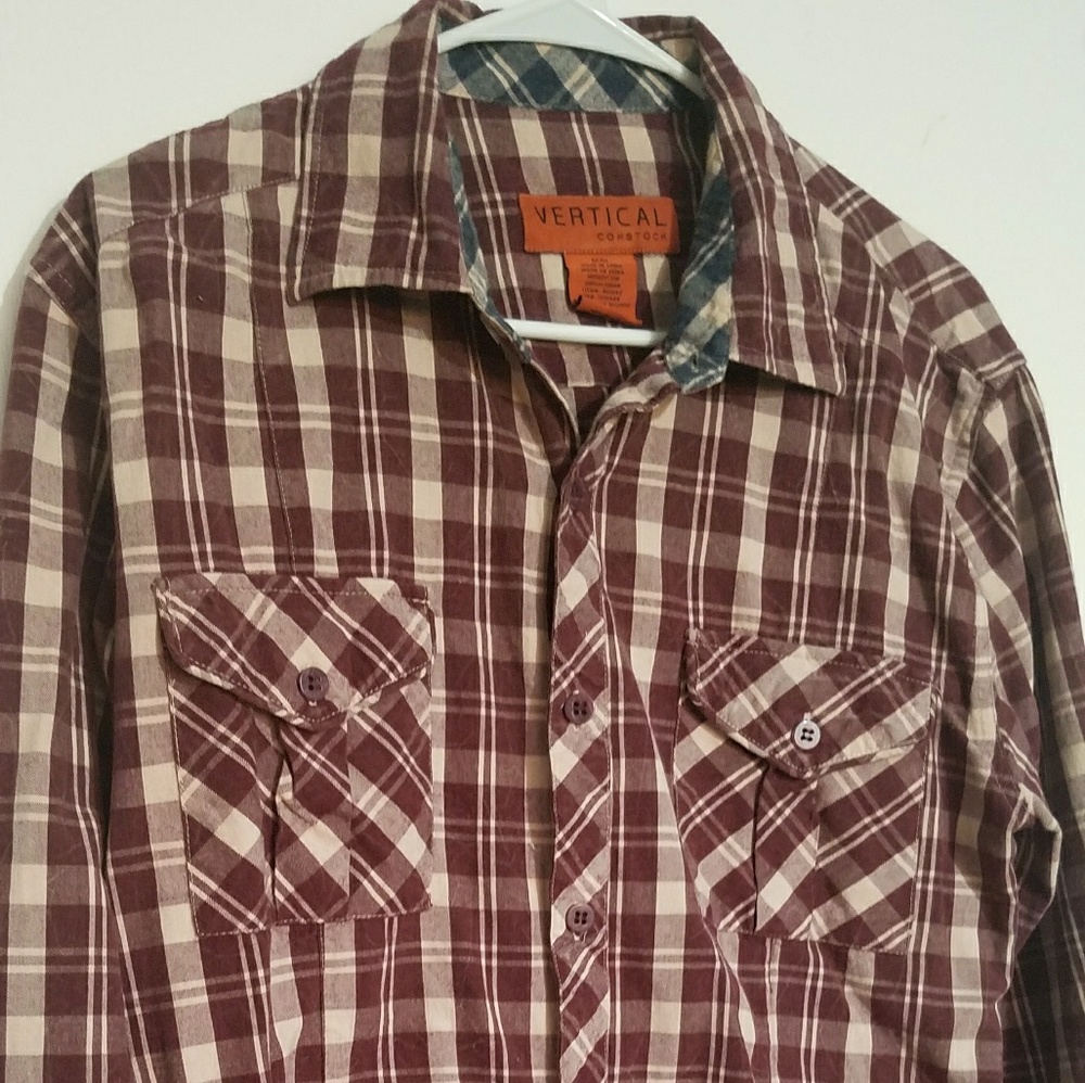 Vertical comstock rust and cream plaid flannel